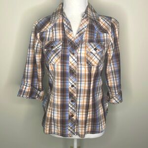Body Central Orange, Brown & Blue Plaid Western Style Button Up